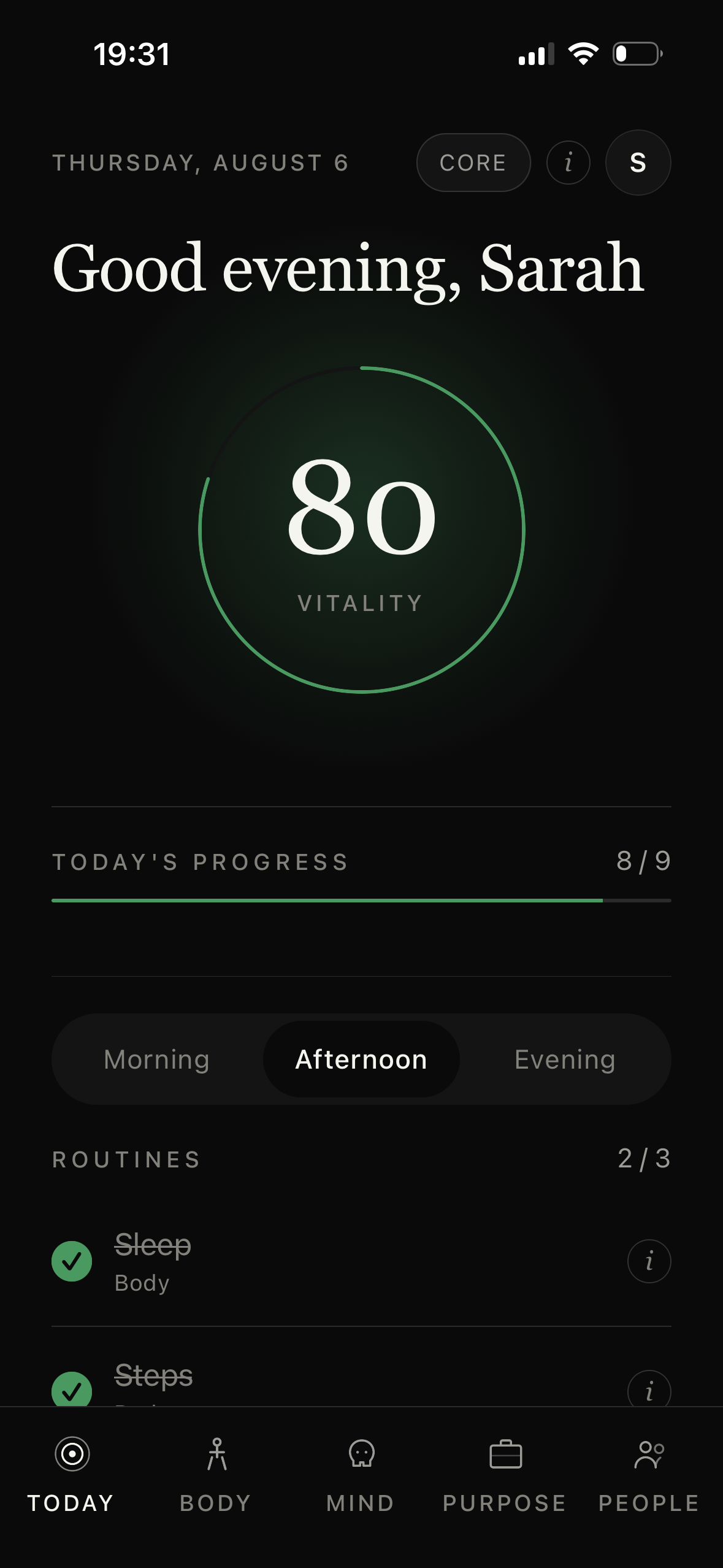 Rooted Today screen with Vitality score